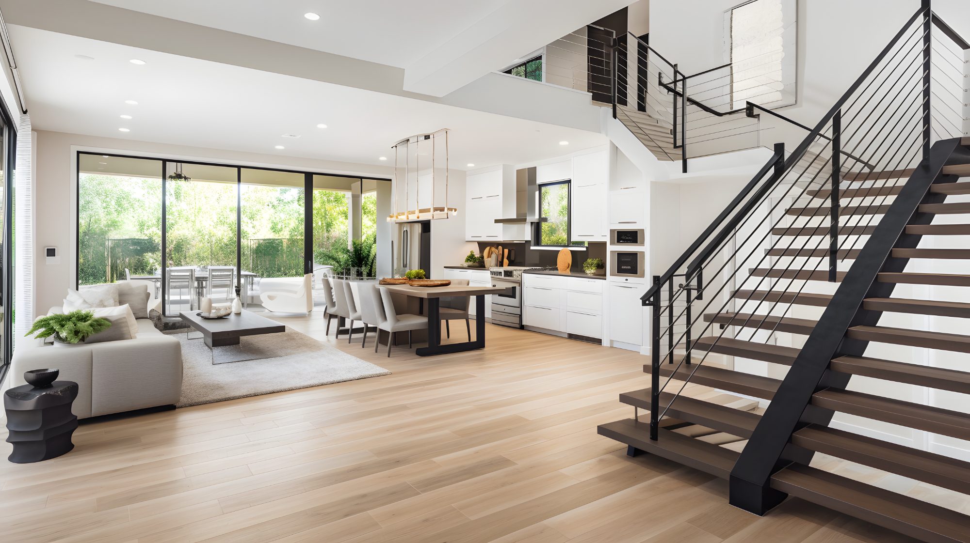 Modern open-concept home interior with kitchen, dining area, living room, and floating staircase with black metal railing