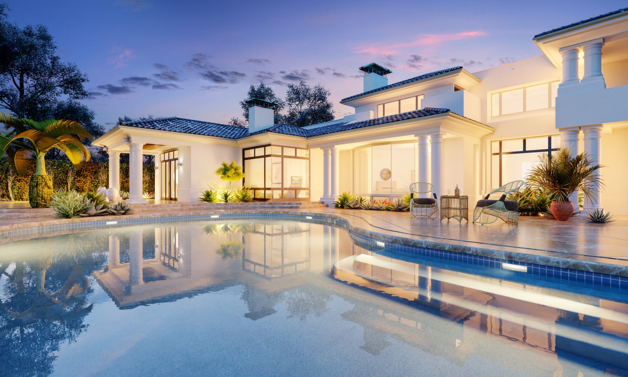 Luxury white mansion with pool at twilight, elegant columns and blue tile accents
